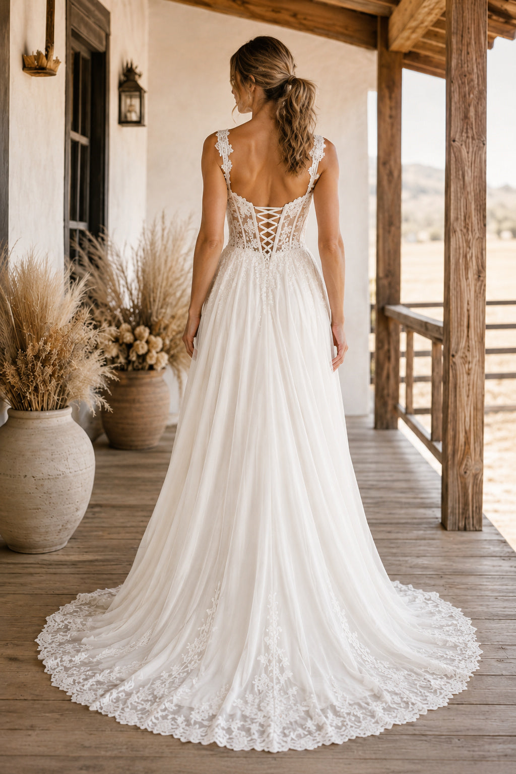 Spaghetti Strap V-Neck A-Line Wedding Dress with Lace Bodice and Flowing Chiffon Train back view