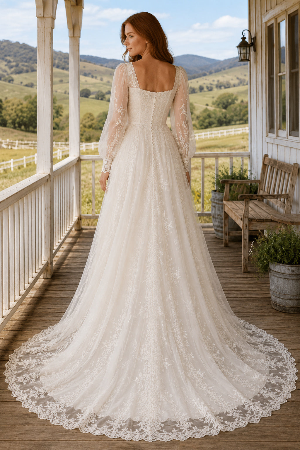 Ivory Long Sleeve Square Neck Lace A-Line Wedding Dress with Illusion Back and Chapel Train back view