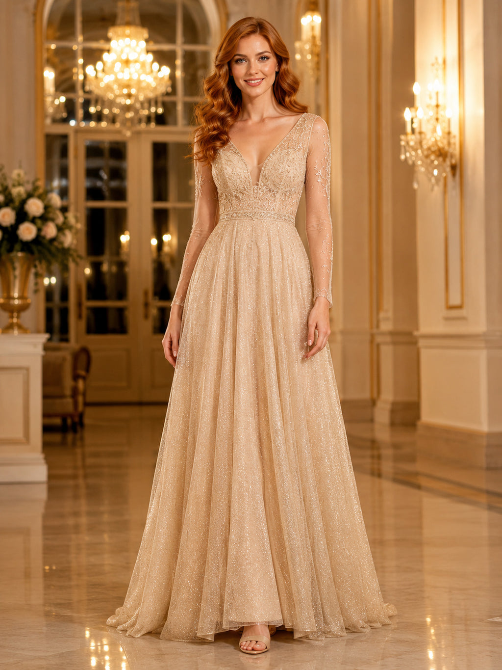 Gold Glitter Honor Court A Line Floor Length V Neck Long Sleeve Gown front view