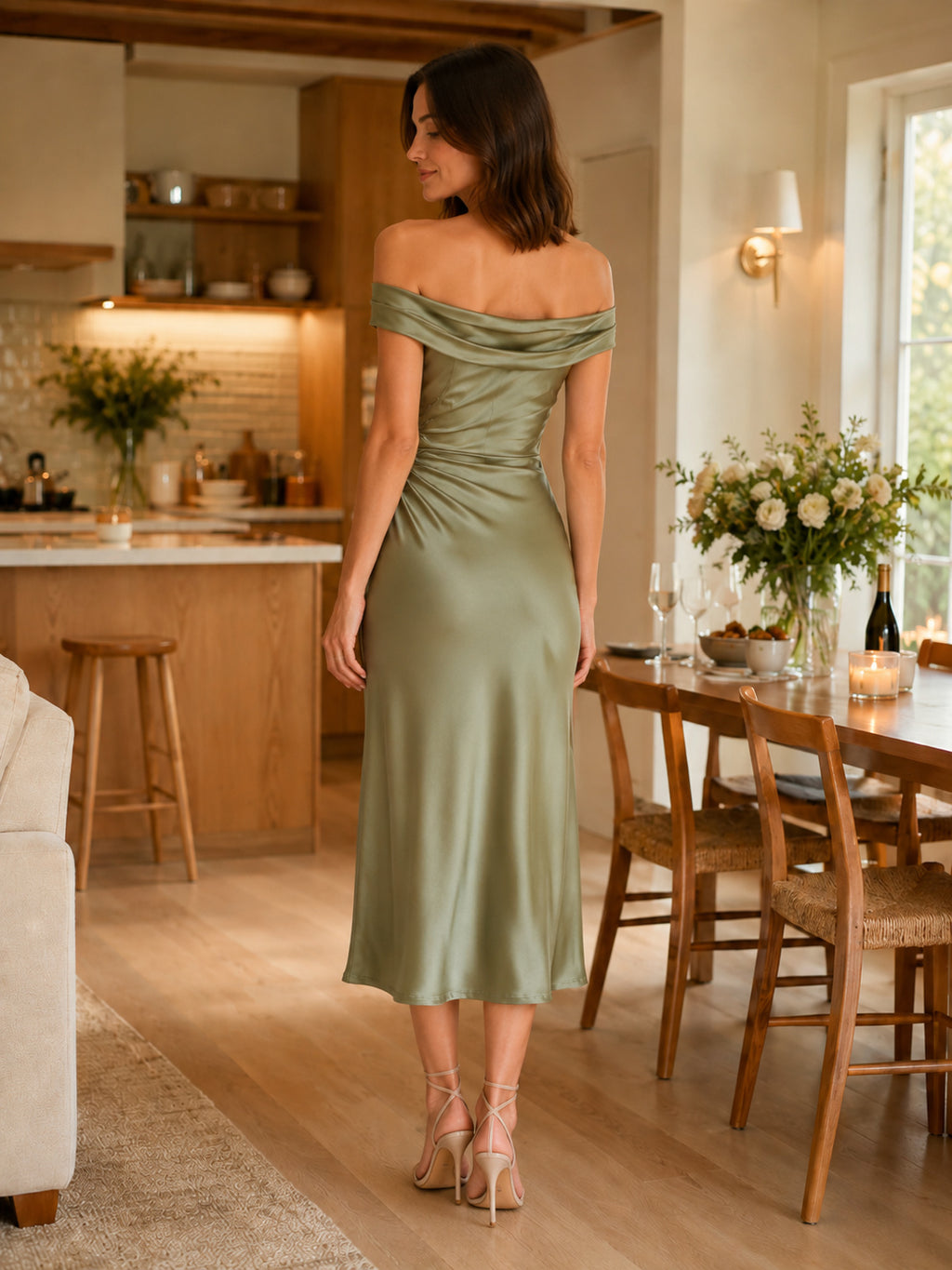 Sage Off Shoulder Ruched Satin Bodycon Housewarming Dress back view