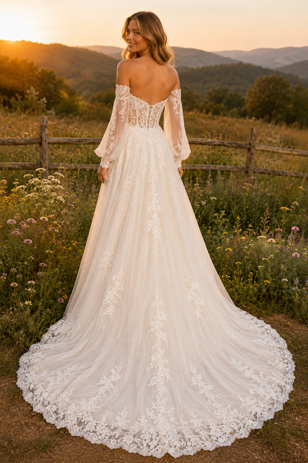 Off the Shoulder Bell Sleeve A-Line Wedding Dress with Lace Bodice and Sweep Train back view