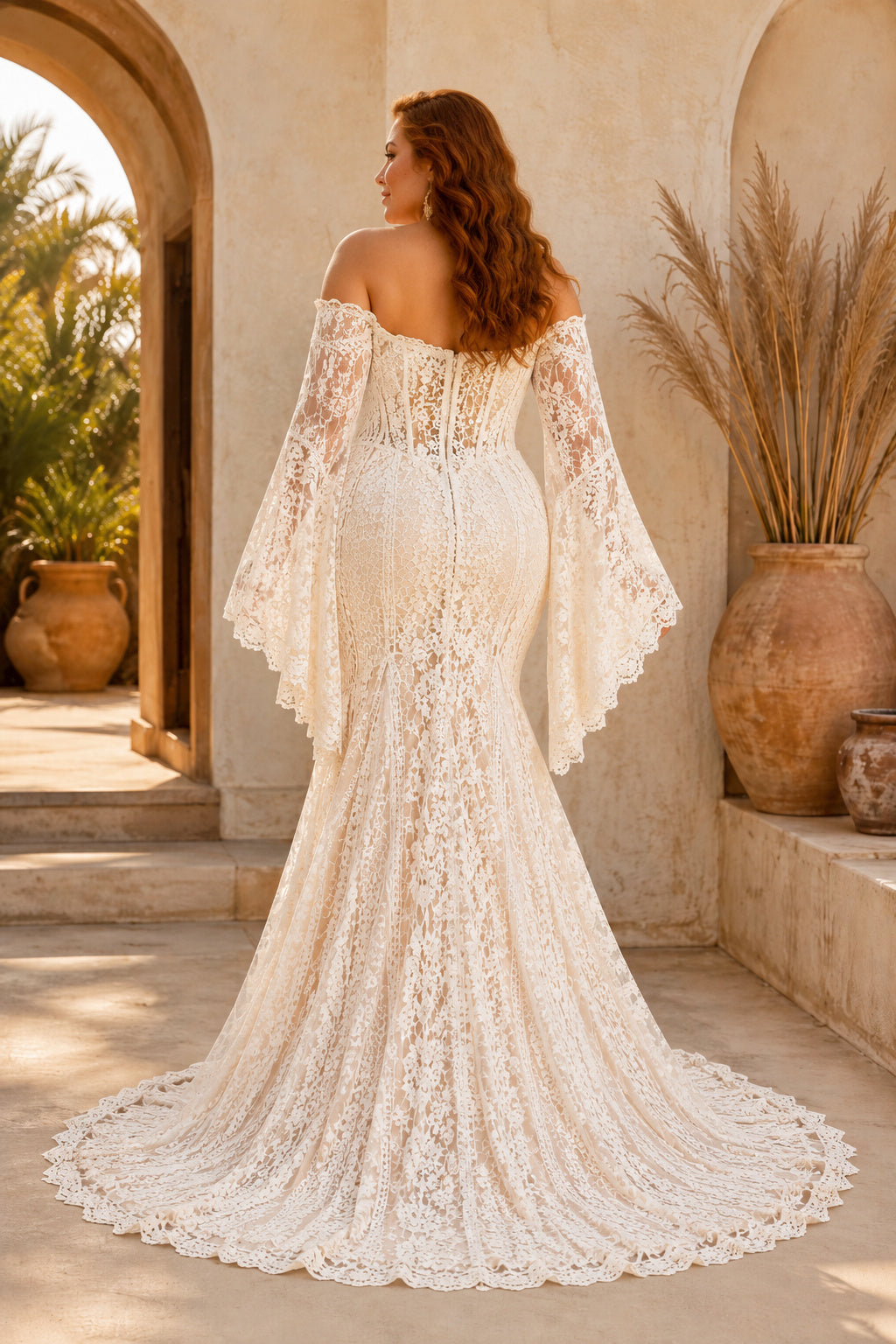 Ivory Plus Size Off-the-Shoulder Lace Mermaid Wedding Dress with Bell Sleeves and Train back view