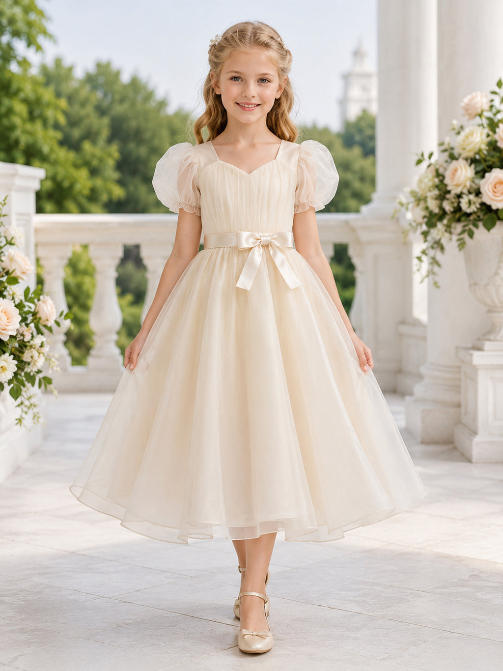 Classic Tulle with Bow A-Line Flower Girl Dress with Short Sleeves, Jewel Neck, Tea-Length Skirt and Bow Detail front view