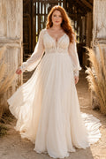 Plus Size Long Sleeve V-Neck Chiffon A-Line Wedding Dress with Lace Bodice front view