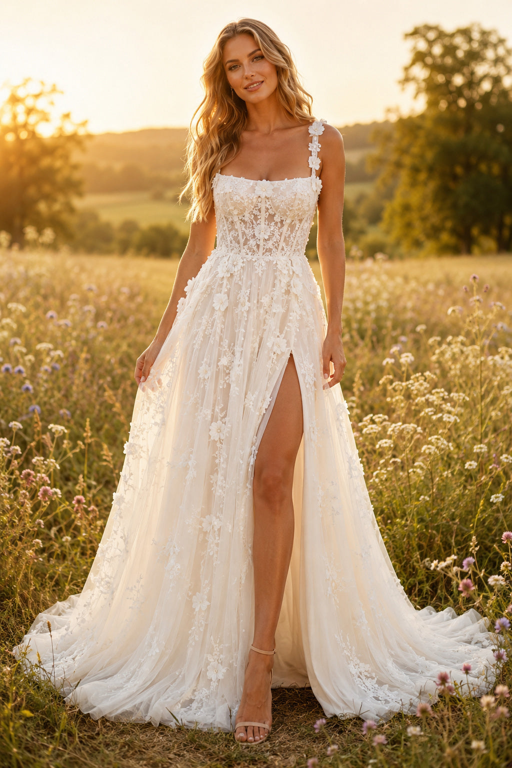 Ivory Square Strap Applique Tulle A-Line Wedding Dress Split Train for Wedding Ceremony and Reception front view