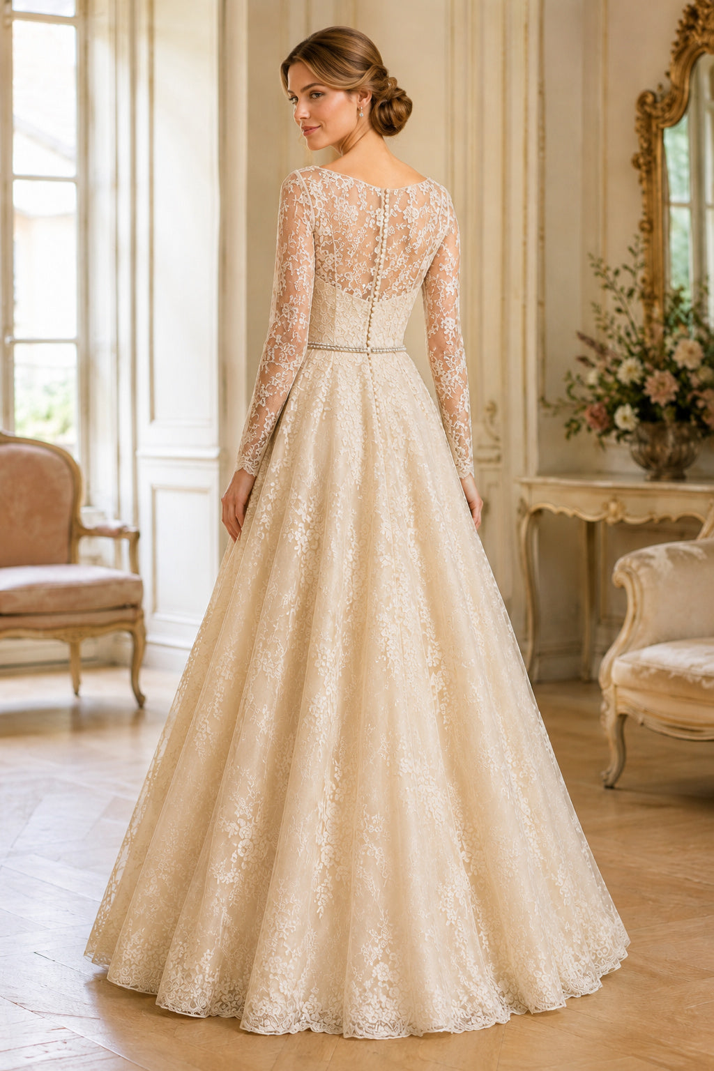 Champagne Long Sleeve Lace Bodice with Full Floor Length Skirt Floor Length A-Line Wedding Dress back view