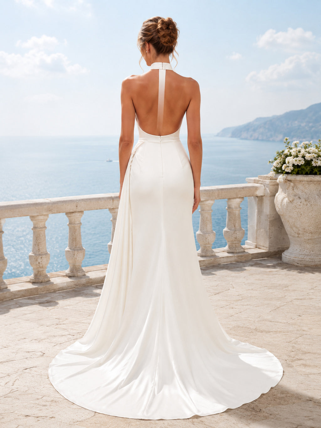 Simple Elegant Beach Chiffon Wedding Dress Sheath Halter Sleeveless Sweep Train Open Back Bridal Gown back view