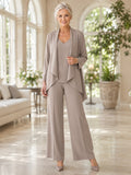 Taupe Minimalist Ankle-Length Cropped Wide-Leg Mother of the Bride Crepe Pantsuit with Three-Quarter-Sleeve Flowing Waterfall