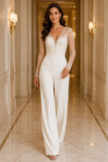 Long Sleeve Lace Bodice Bridal Jumpsuit with Illusion Back front view