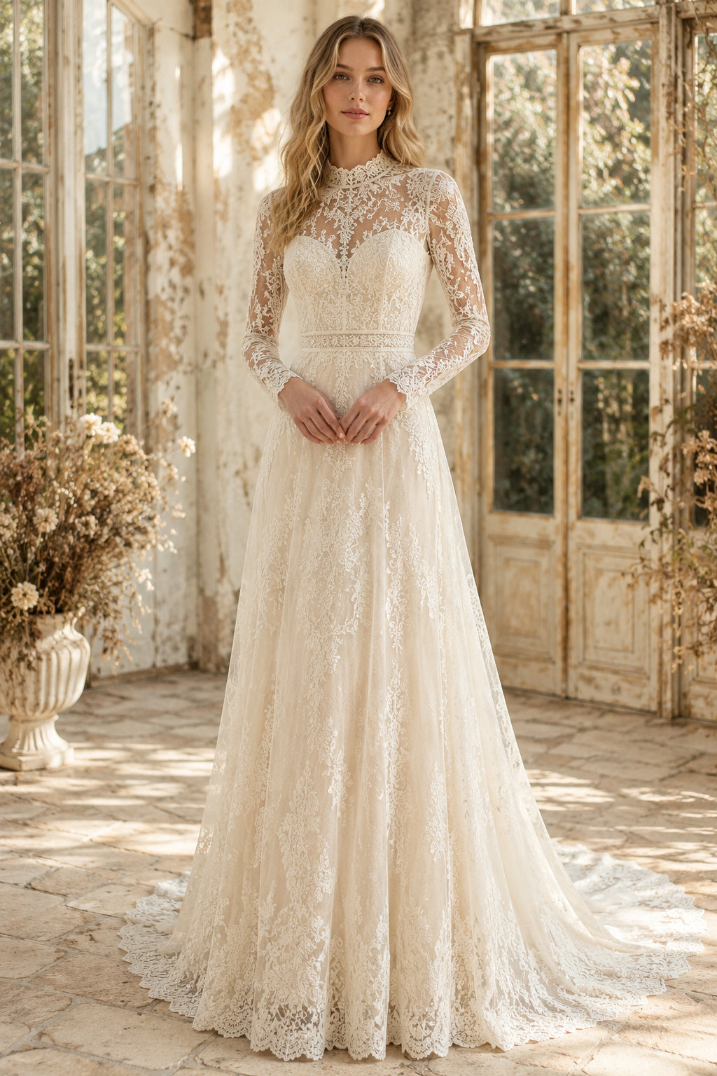 Ivory High Neck Long Sleeve Lace A-Line Wedding Dress with Illusion Back and Sweep Train front view