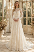 Ivory High Neck Long Sleeve Lace A-Line Wedding Dress with Illusion Back and Sweep Train front view