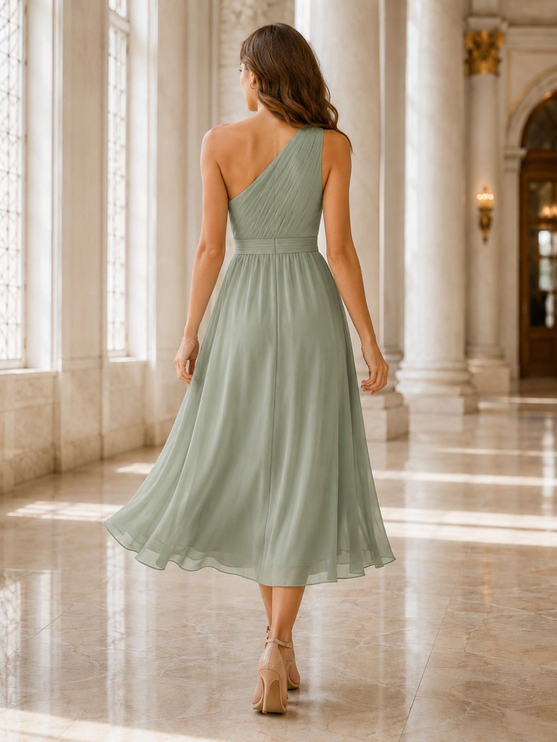 City Hall Sage One-Shoulder Chiffon A-Line Tea-Length Pleated Guest Dress back view