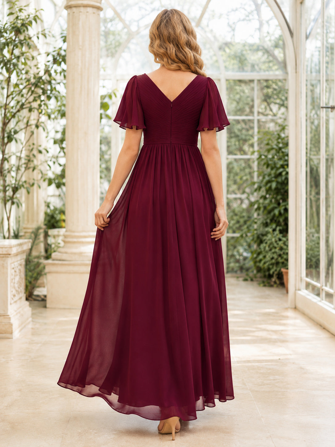 Burgundy Flutter Sleeve V Neck Modest Chiffon Evening Gown back view