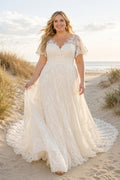 Ivory Plus Size V-Neck Lace A-Line Wedding Dress with Flutter Sleeves and Scalloped Train Style MG_700575 front view