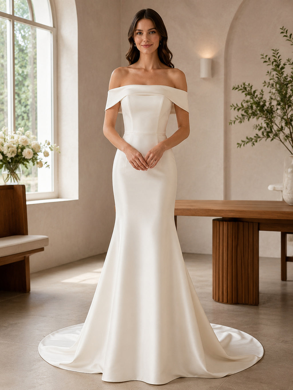 Off Shoulder Satin Mermaid Minimalist Civil Wedding Dress front view