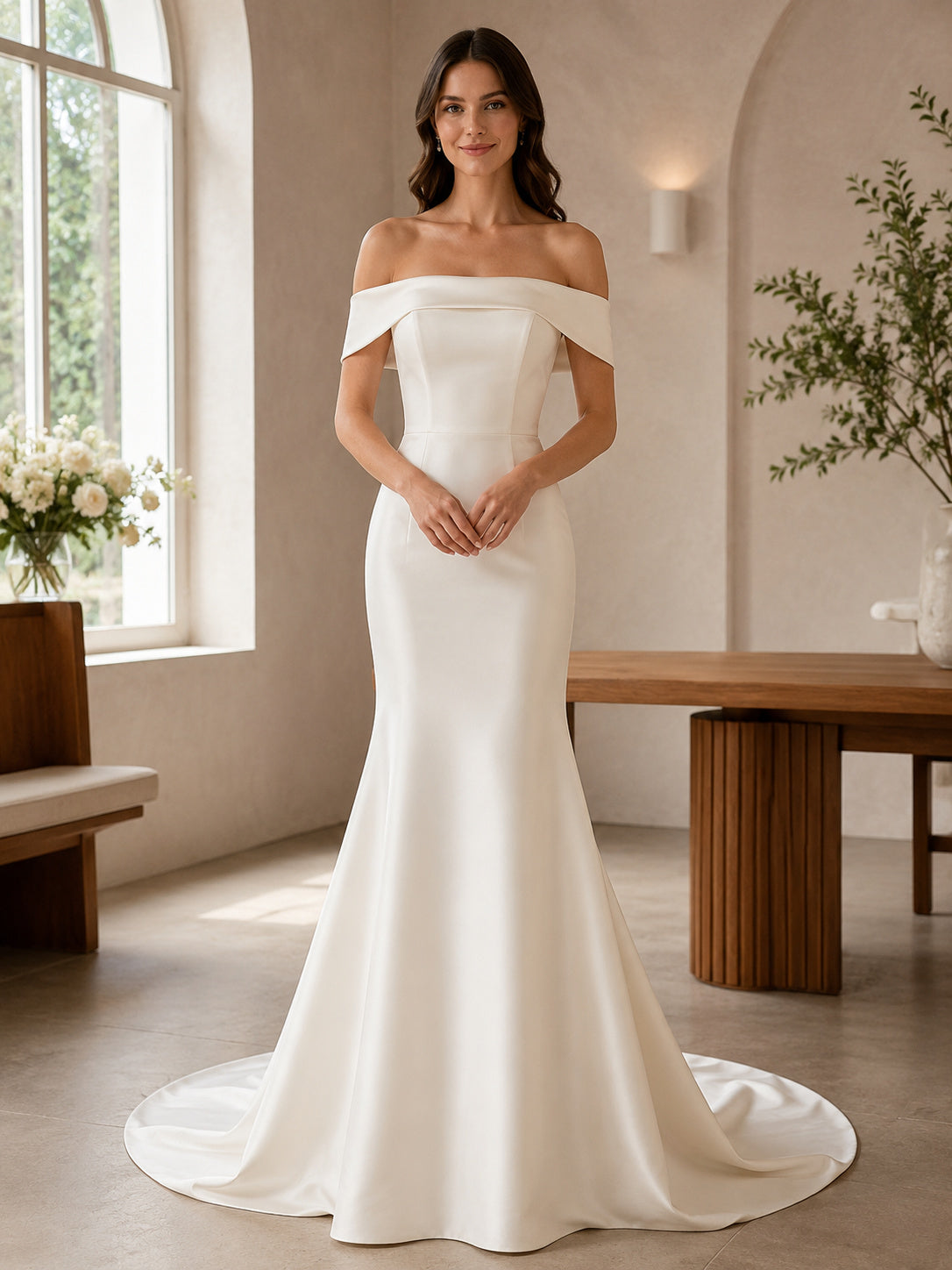 Off Shoulder Satin Mermaid Minimalist Civil Wedding Dress front view