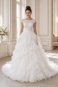 White Bateau Cap Sleeves Ball Gown Tulle Floor-length Wedding Dress With Ruffles and Appliques