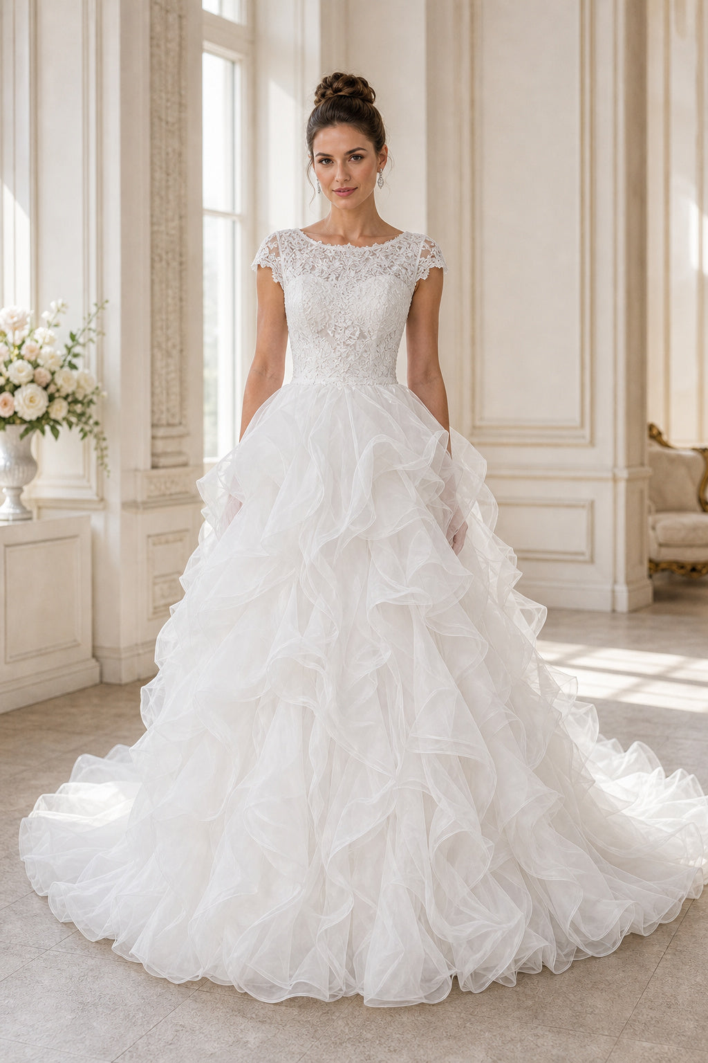 White Bateau Cap Sleeves Ball Gown Tulle Floor-length Wedding Dress With Ruffles and Appliques