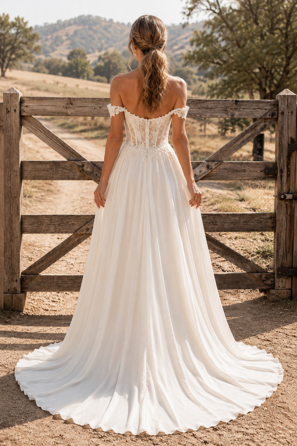Off the Shoulder A-Line Wedding Dress with Lace Bodice and Simple Flowing Train for Rustic Garden Ceremony back view