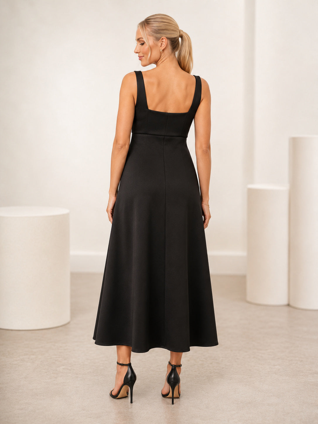 Black Maternity Square Neck Wide Strap Satin A-Line Tea Length Cocktail Dress back view