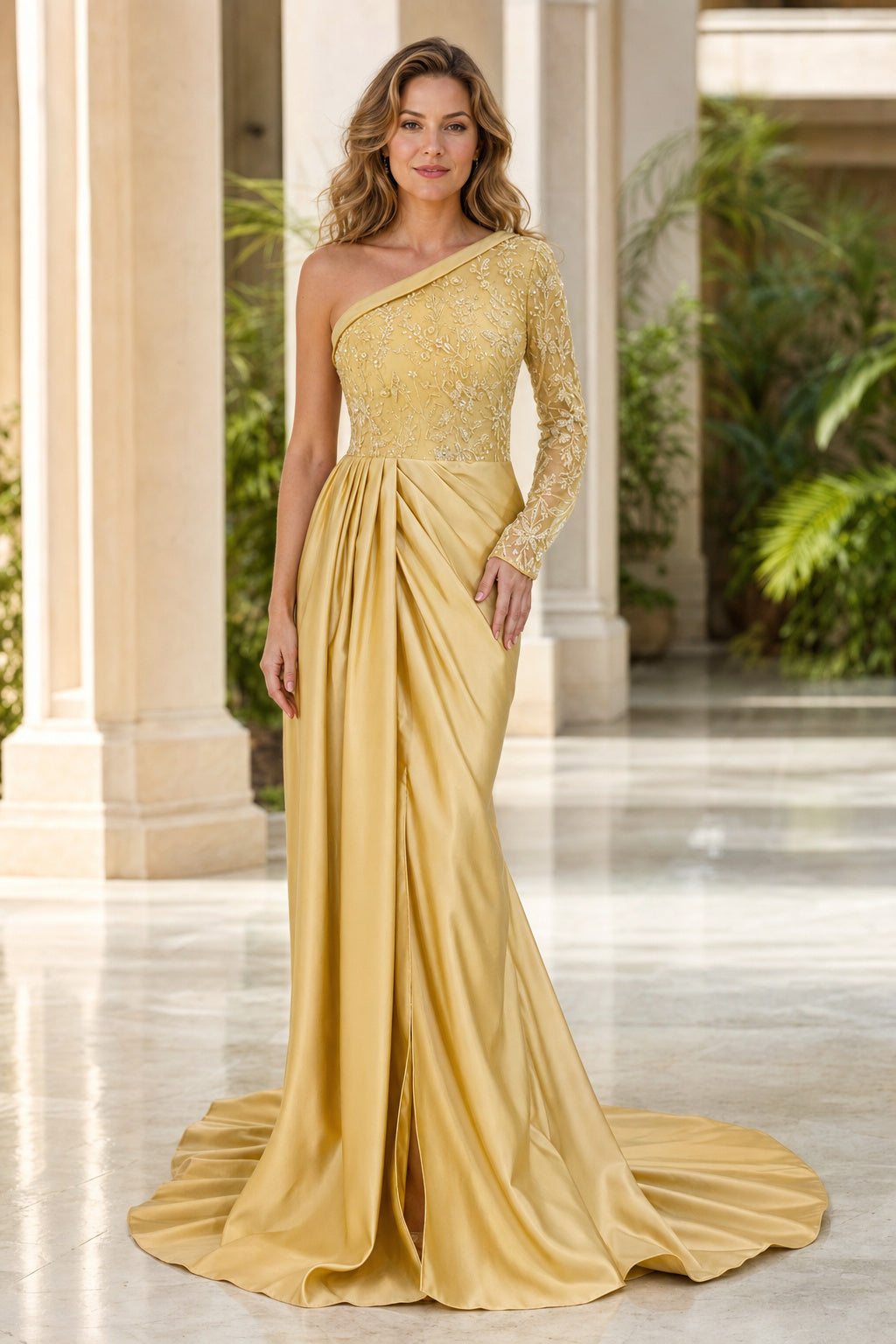 Gold One-Shoulder Sheath Satin Floor-Length Dress With Side Drape