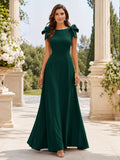 Dark Green Bow Shoulder A-Line Formal Dress front view