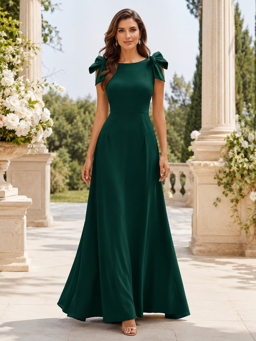 Dark Green Bow Shoulder A-Line Formal Dress front view