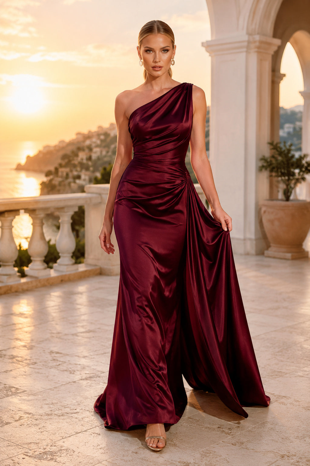 Burgundy One Shoulder Satin A Line Prom Gown With Draped Skirt And Side Slit Prom Dress front view