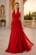 Evening Gown Red Chiffon A-Line Halter Sleeveless Draped Floor Length front view