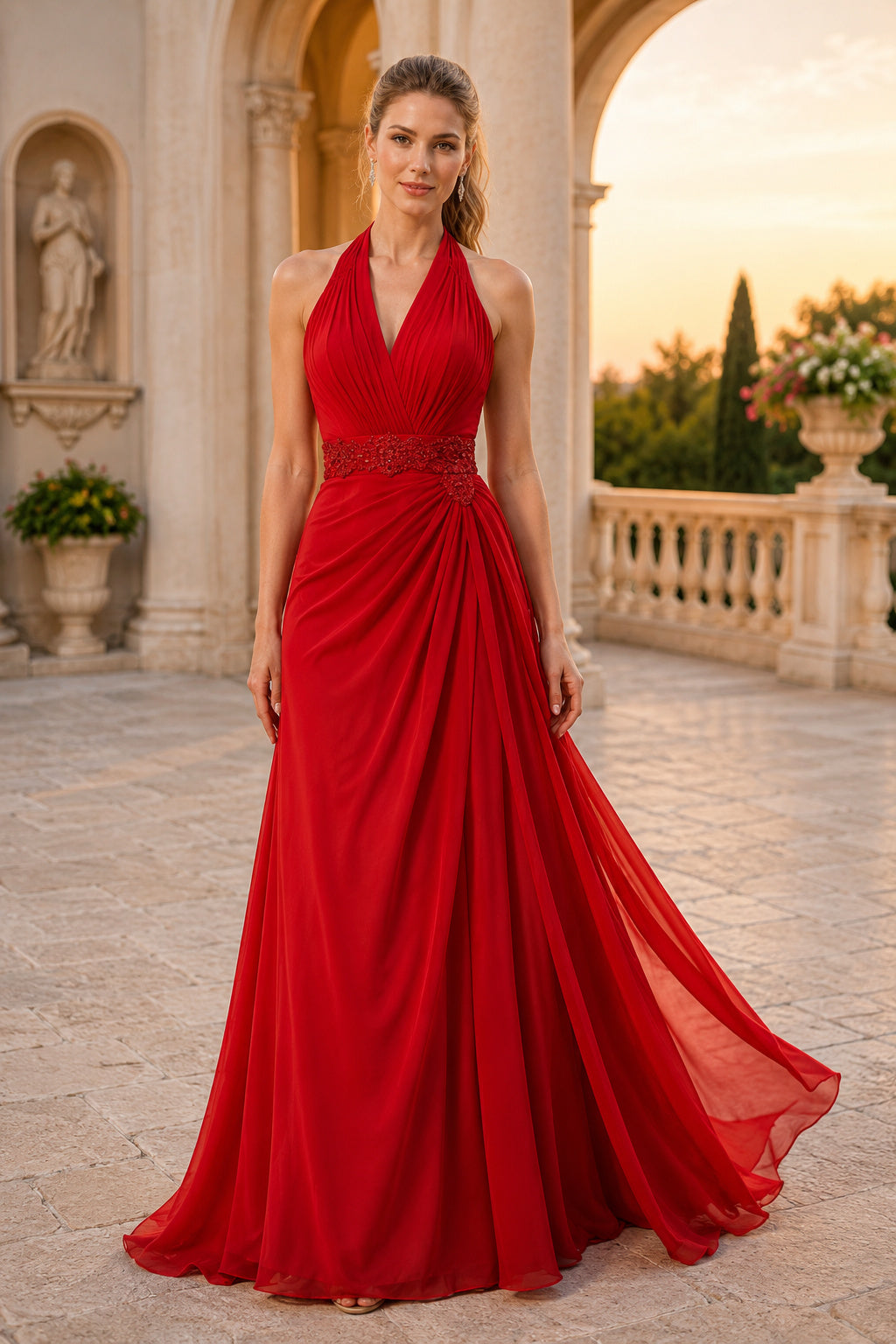 Evening Gown Red Chiffon A-Line Halter Sleeveless Draped Floor Length front view