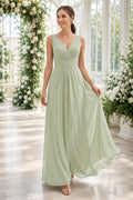 Evening Gown Sage Chiffon A-Line V-Neck Sleeveless Floor Length front view