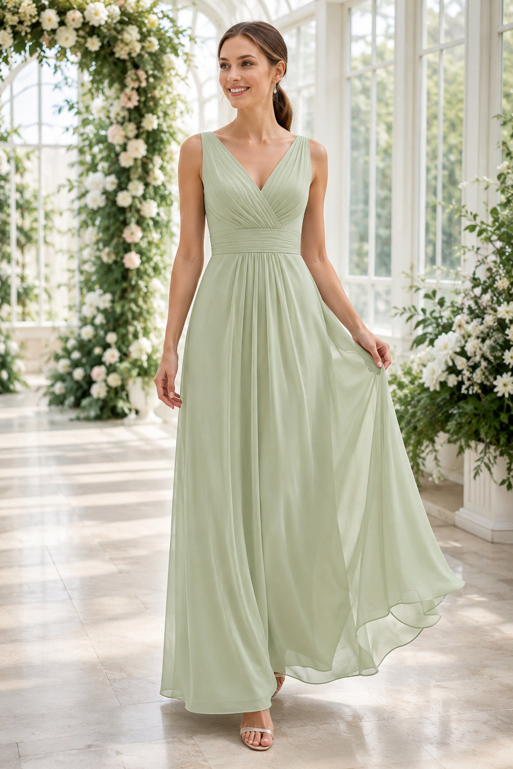 Evening Gown Sage Chiffon A-Line V-Neck Sleeveless Floor Length front view