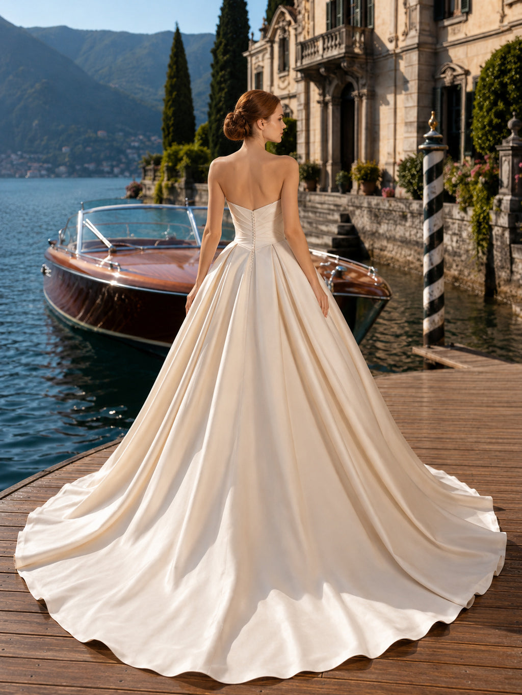 Princess Strapless Sweetheart Satin Ball Gown Chapel Train Destination Wedding Dress back view