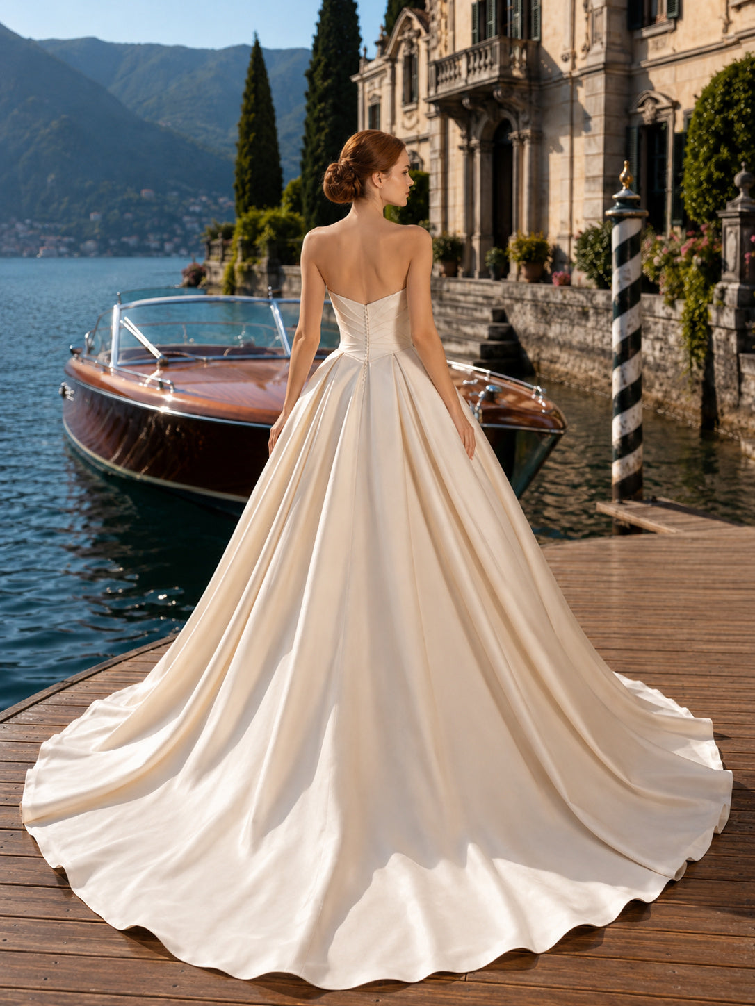 Princess Strapless Sweetheart Satin Ball Gown Chapel Train Destination Wedding Dress back view