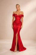 Red Off-the-Shoulder Satin Mermaid Prom Dress with Sweetheart Bodice and High Slit front view