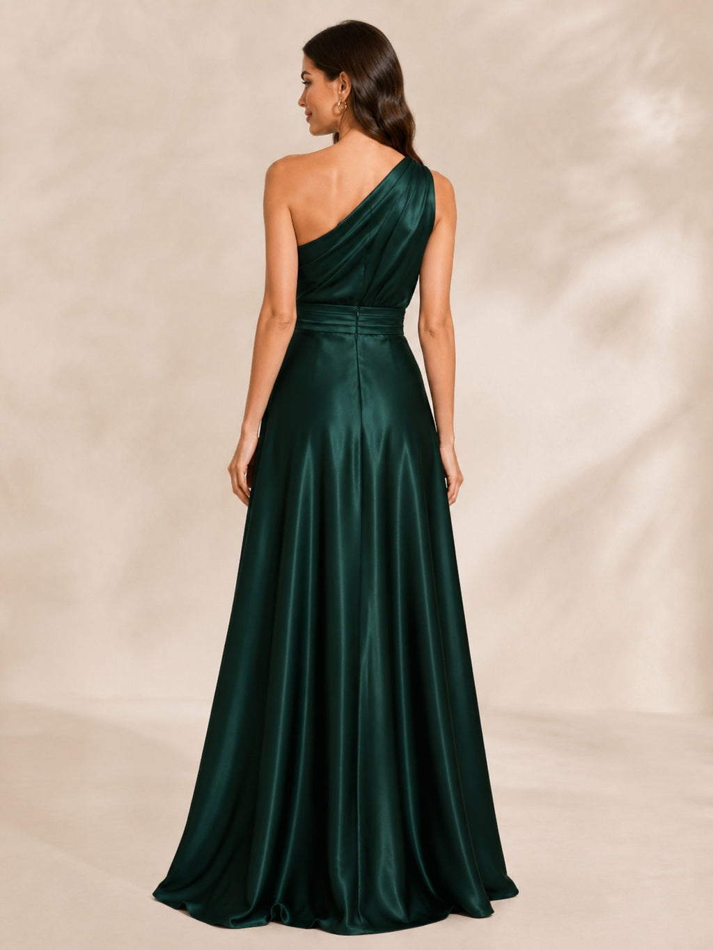 Emerald One Shoulder Satin A Line Floor Length Gown back view
