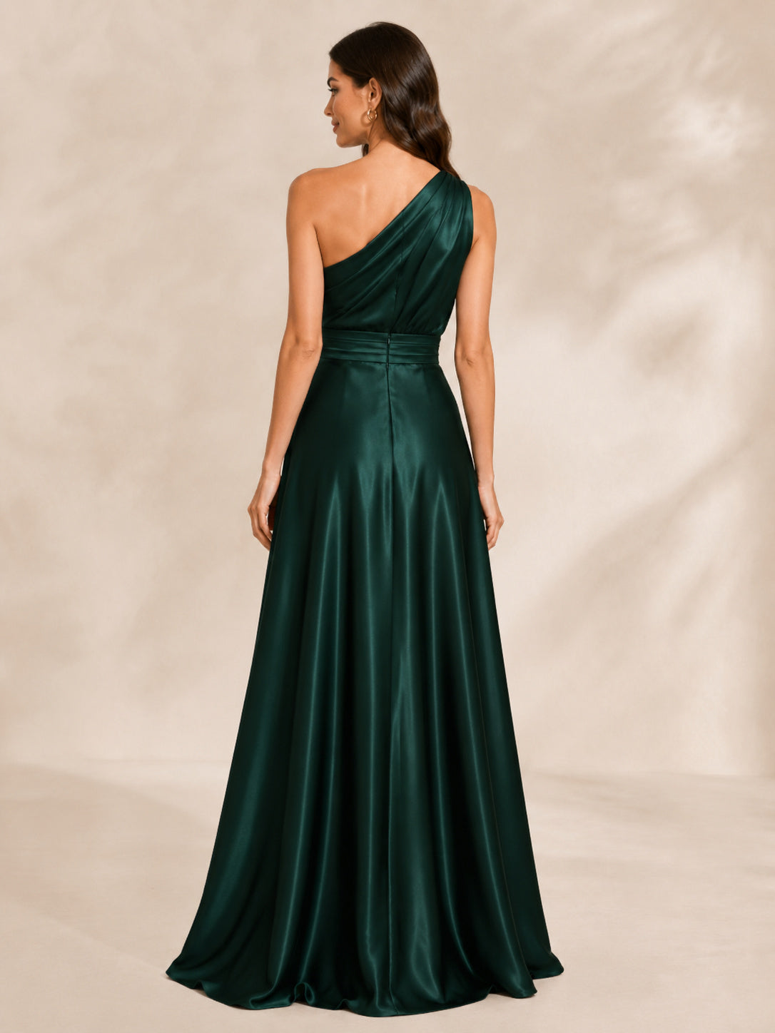 Emerald One Shoulder Satin A Line Floor Length Gown back view