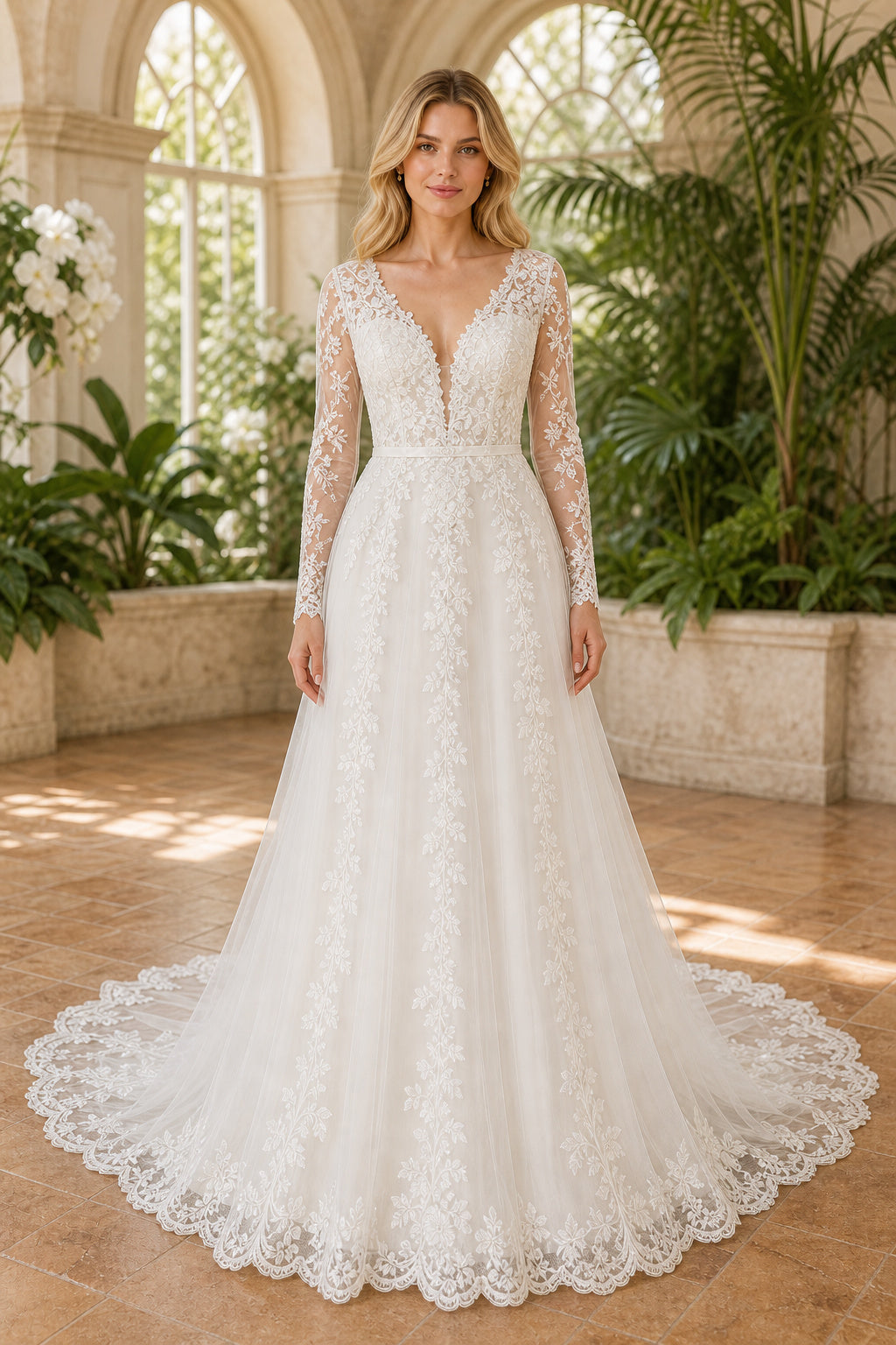 White Illusion Long Sleeves Ball Gown Tulle Floor-length Wedding Dress With Lace Bodice and Sweep Train