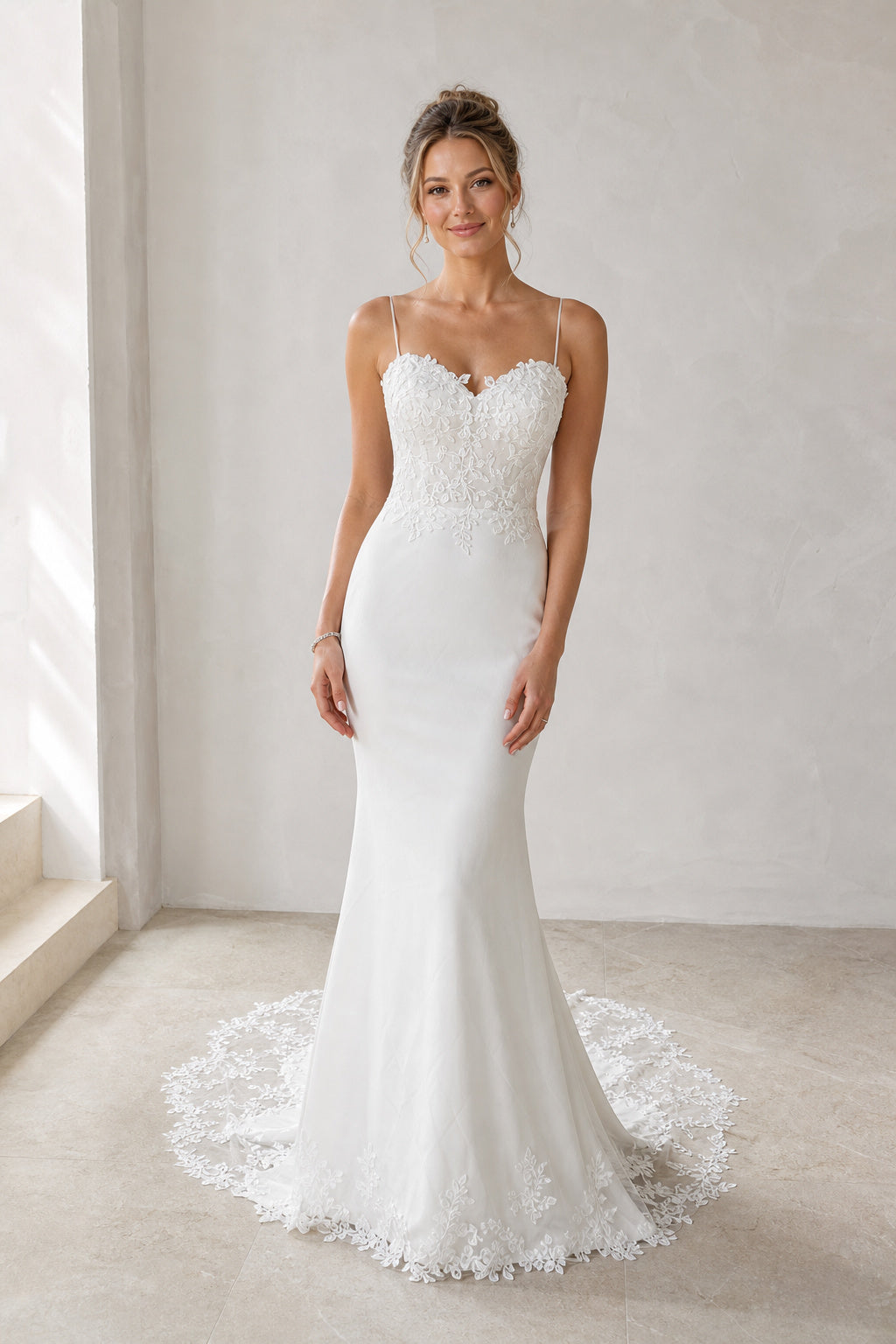 White Illusion A-Line Chiffon Floor-length Wedding Dress With Front Slit and Beaded Waist