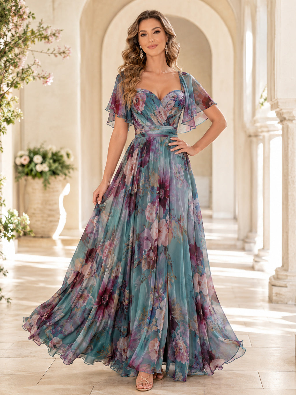 Teal Watercolor Floral V Neck Flutter Sleeve Maxi Dress front view