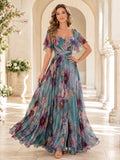 Teal Watercolor Floral V Neck Flutter Sleeve Maxi Dress front view