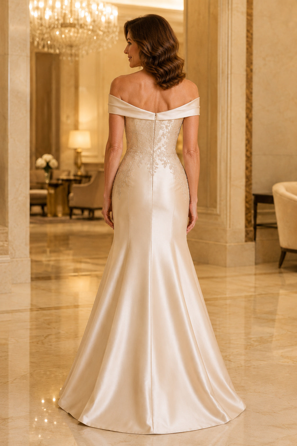 Off-the-Shoulder Satin Mermaid Formal Dress with Foldover Neckline back view