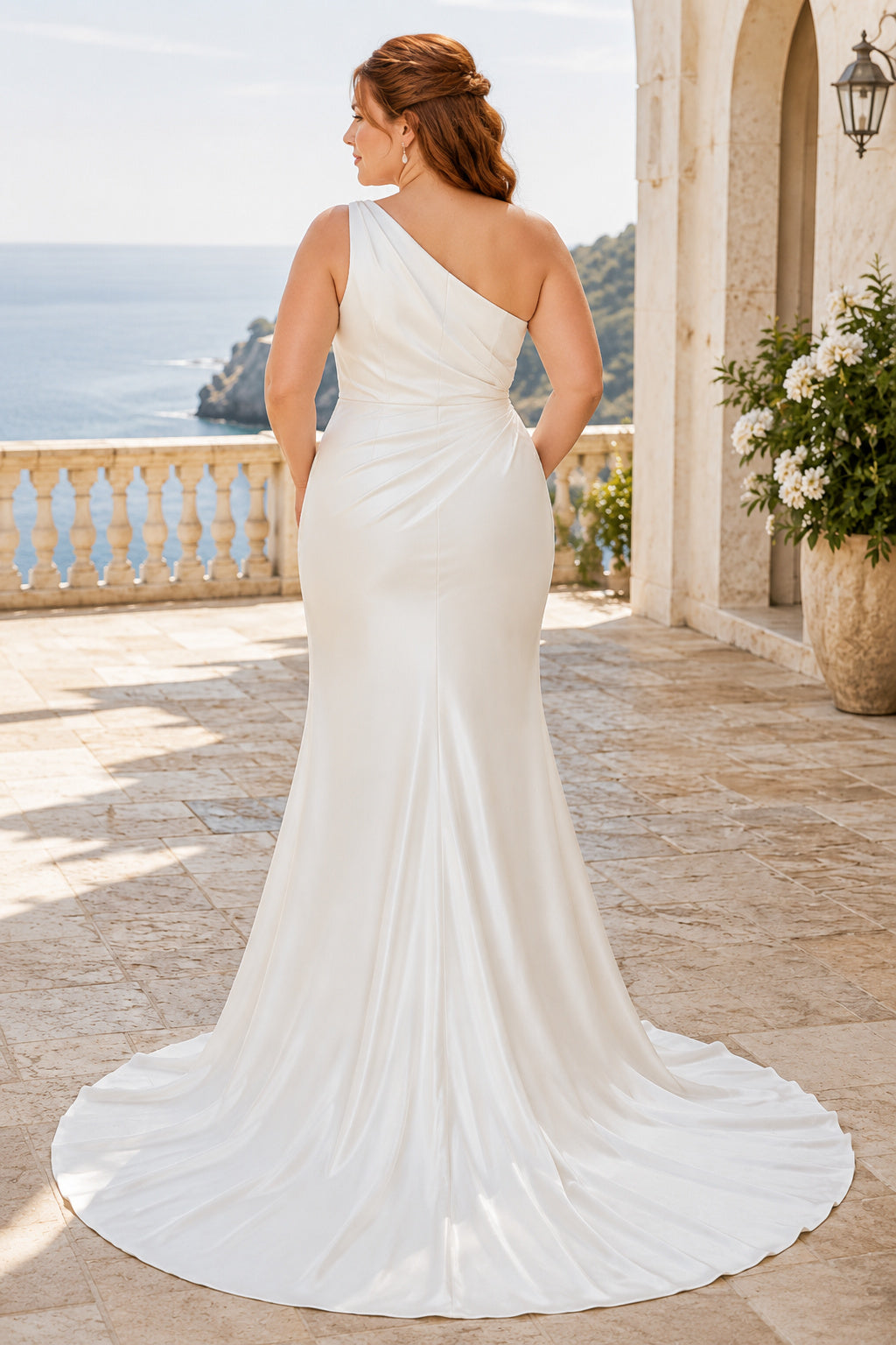 One-Shoulder Satin Mermaid Plus Size Wedding Dress back view