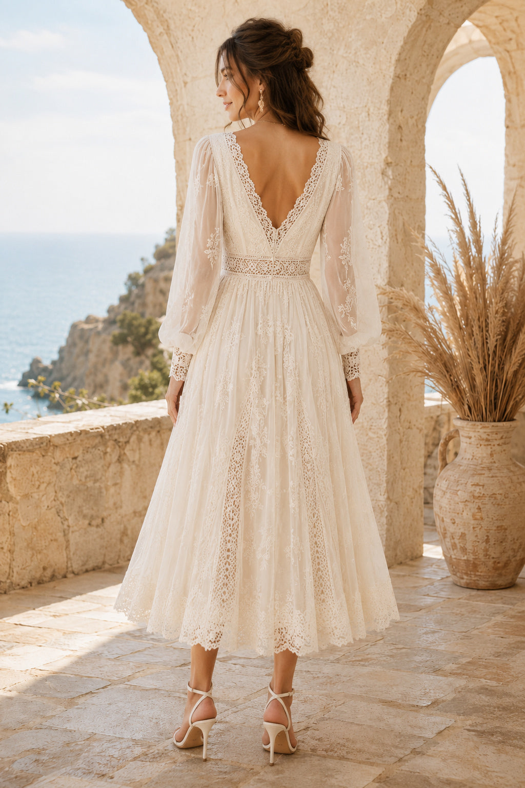 Ivory V-Neck Long Sleeve Lace Tea Length Wedding Dress for Wedding Ceremony and Reception back view