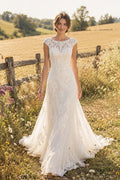 Ivory Elegant Bateau Neck A-Line Lace Tulle Wedding Dress with Cap Lace Sleeves and Sweep Train front view
