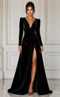 Black Velvet Prom Dress with Long Sleeves and Slit A-Line Gown front view