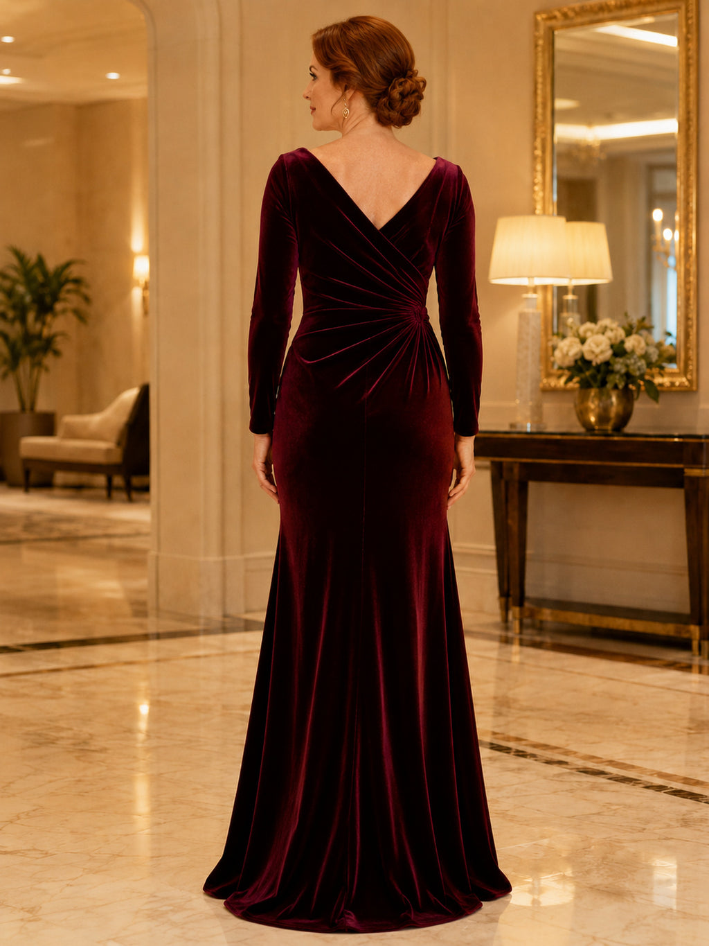 Burgundy off shoulder velvet mermaid winter mother gown back view