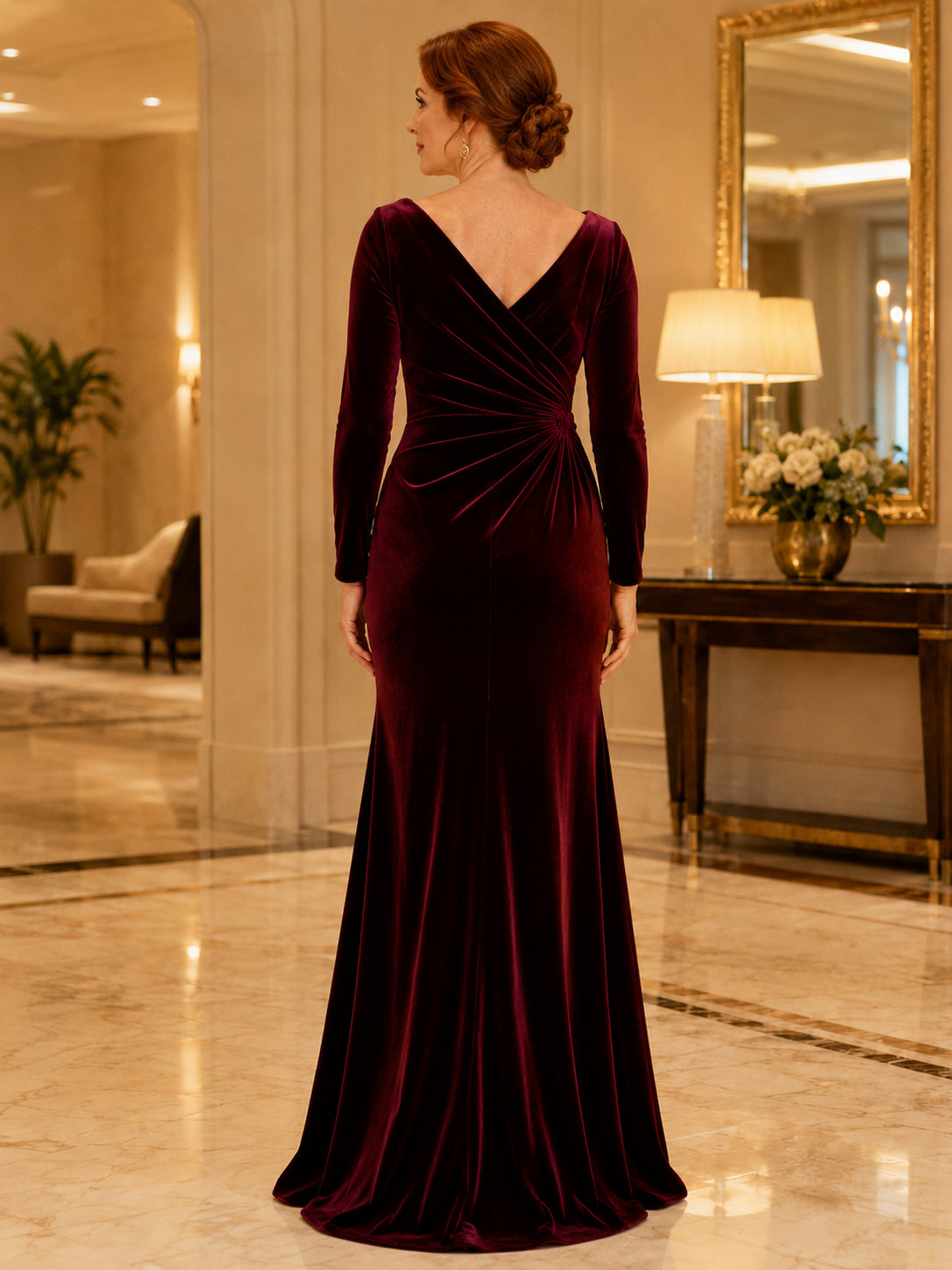 Burgundy off shoulder velvet mermaid winter mother gown back view