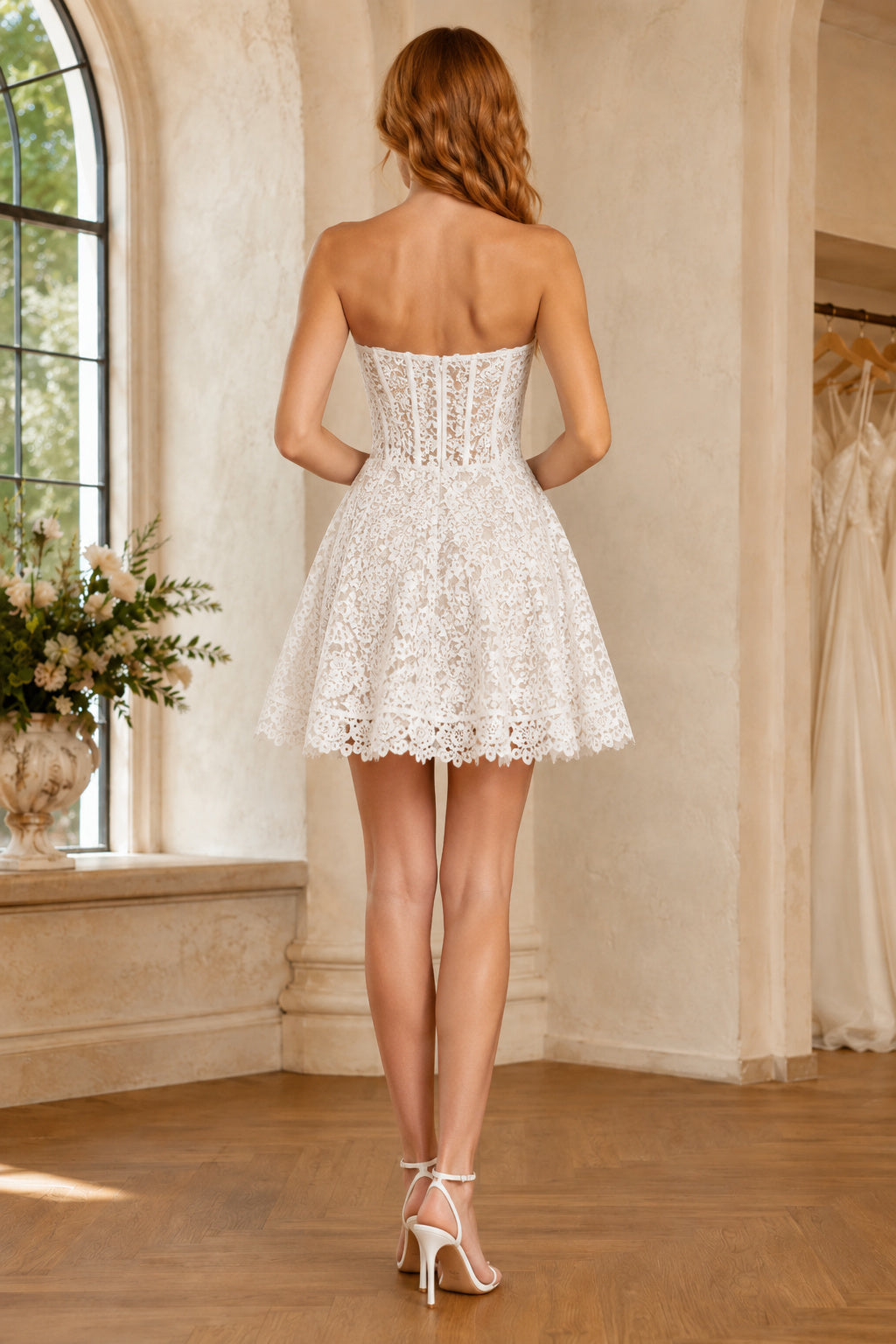 Strapless Sweetheart Lace Mini Wedding Dress back view
