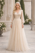 Ivory V-Neck Long Sleeve A-Line Wedding Dress with Low-V Back and Tulle Skirt front view